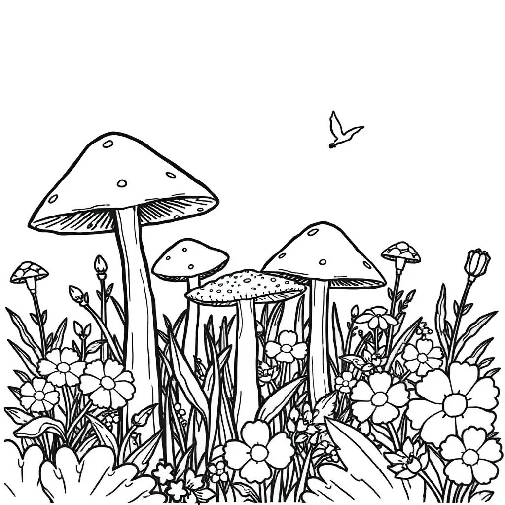 Mushrooms a group of mushrooms in a flower garden — classic mushrooms coloring page (ages 5–10)