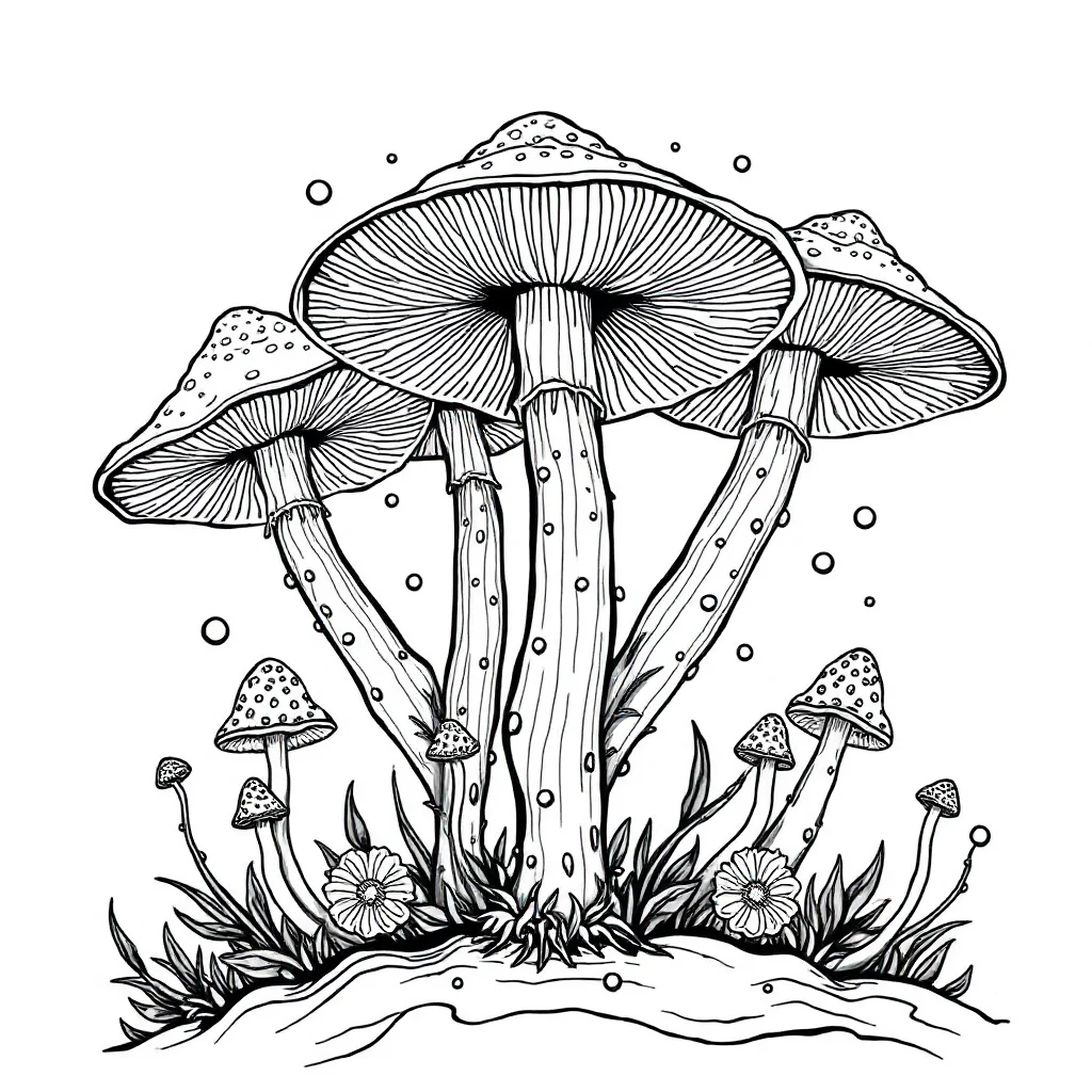 Mushrooms a group of mushrooms leaping mid air — detailed mushrooms coloring page (ages 9+ & adults)