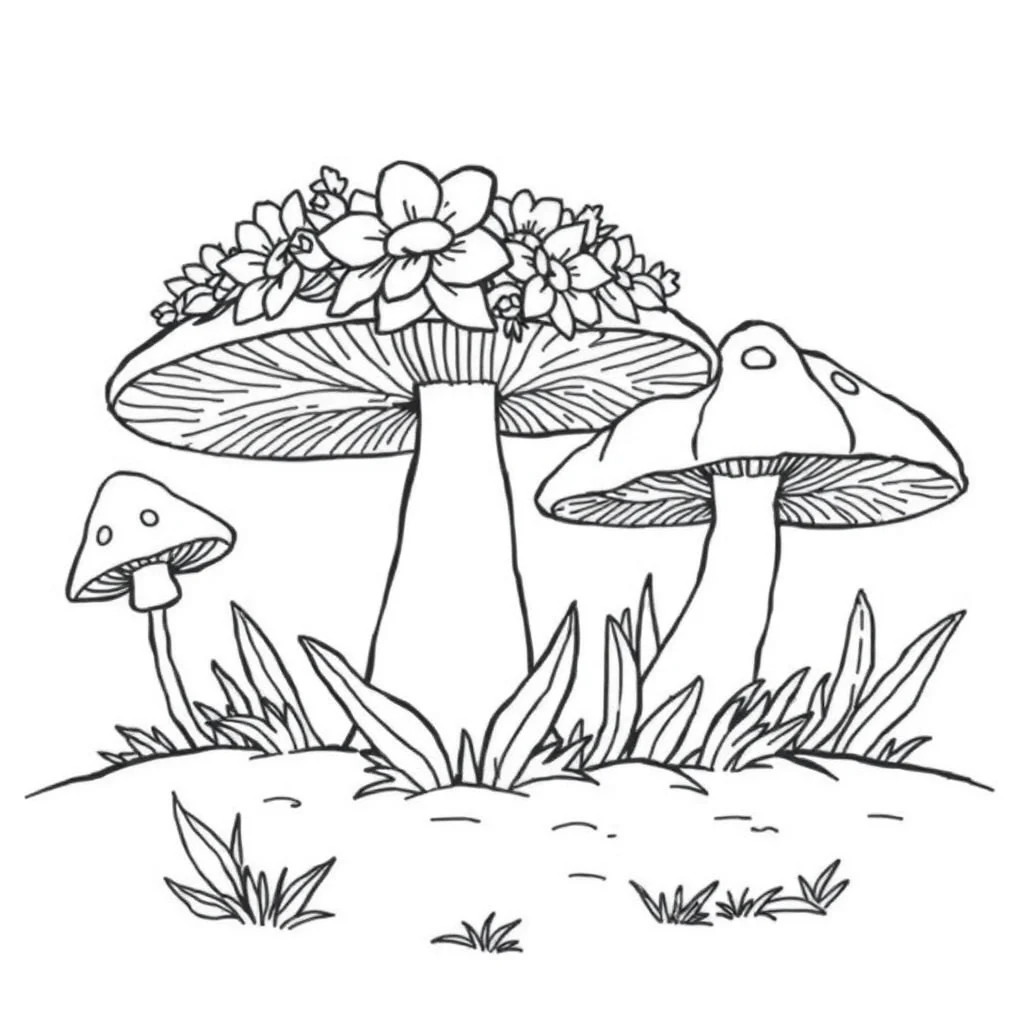 Mushrooms a group of mushrooms wearing a flower crown — classic mushrooms coloring page (ages 5–10)