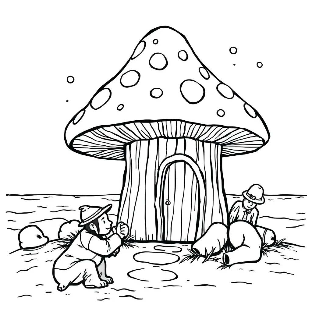 Mushrooms a mushroom house on the beach — classic mushrooms coloring page (ages 5–10)