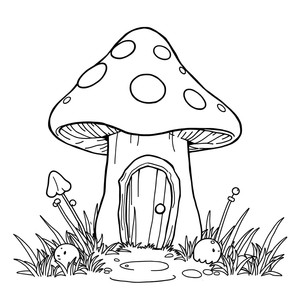 Mushrooms a mushroom house peeking from behind something — classic mushrooms coloring page (ages 5–10)
