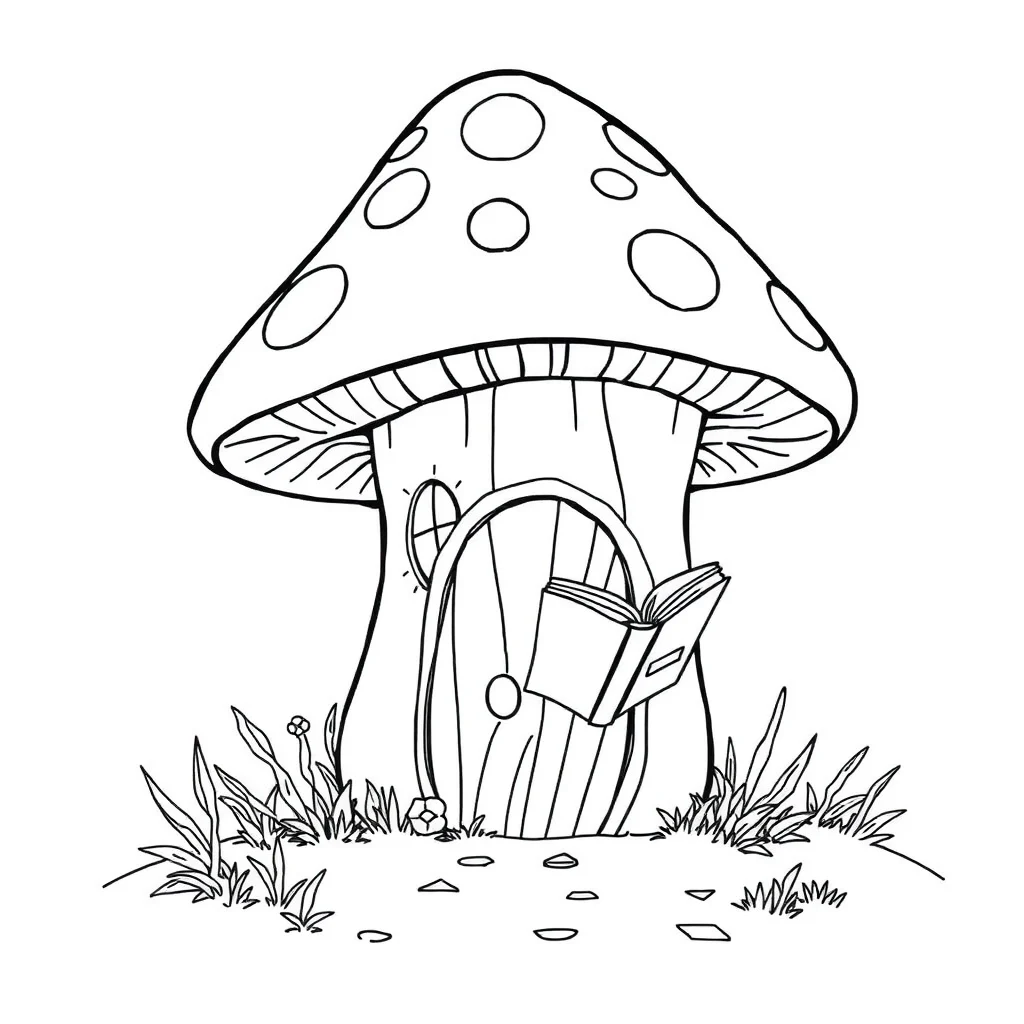 Mushrooms a mushroom house reading a book — classic mushrooms coloring page (ages 5–10)