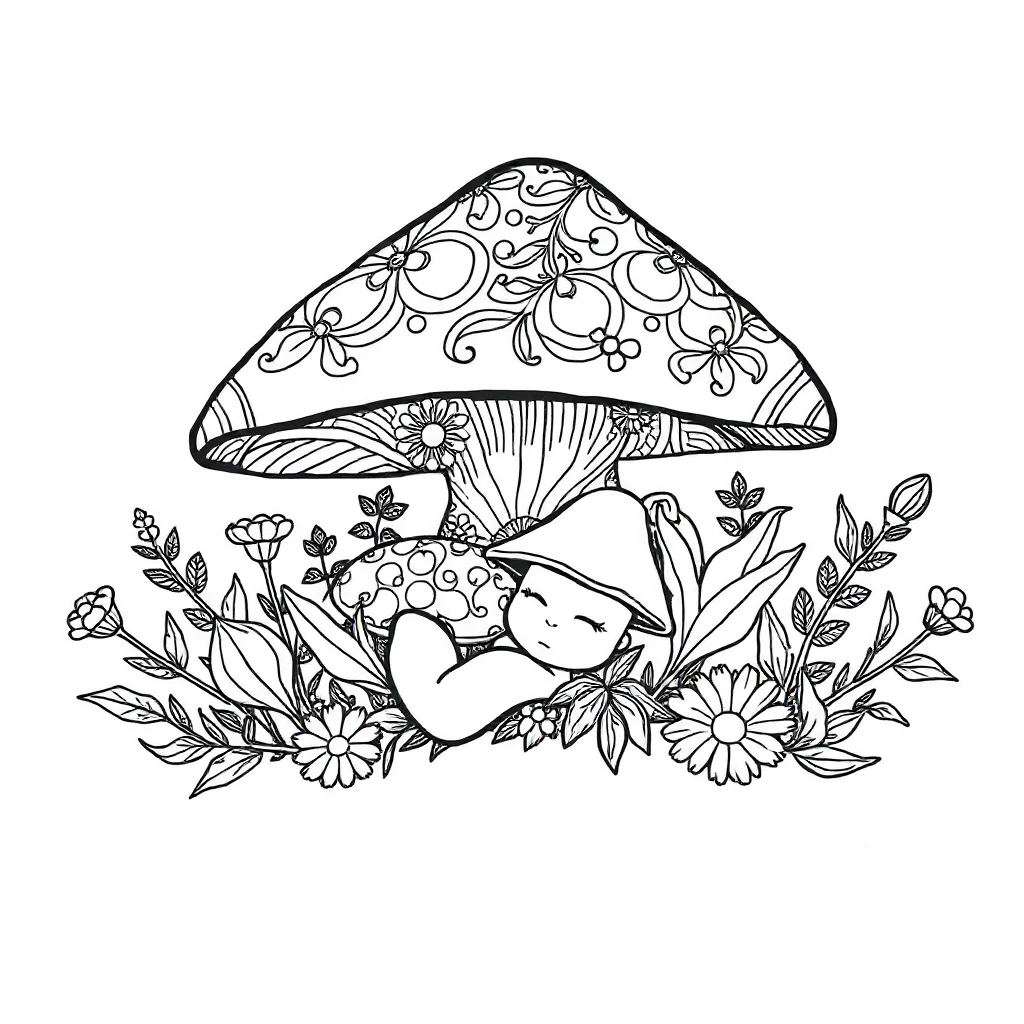 Mushrooms a mushroom house sleeping curled up — detailed mushrooms coloring page (ages 9+ & adults)