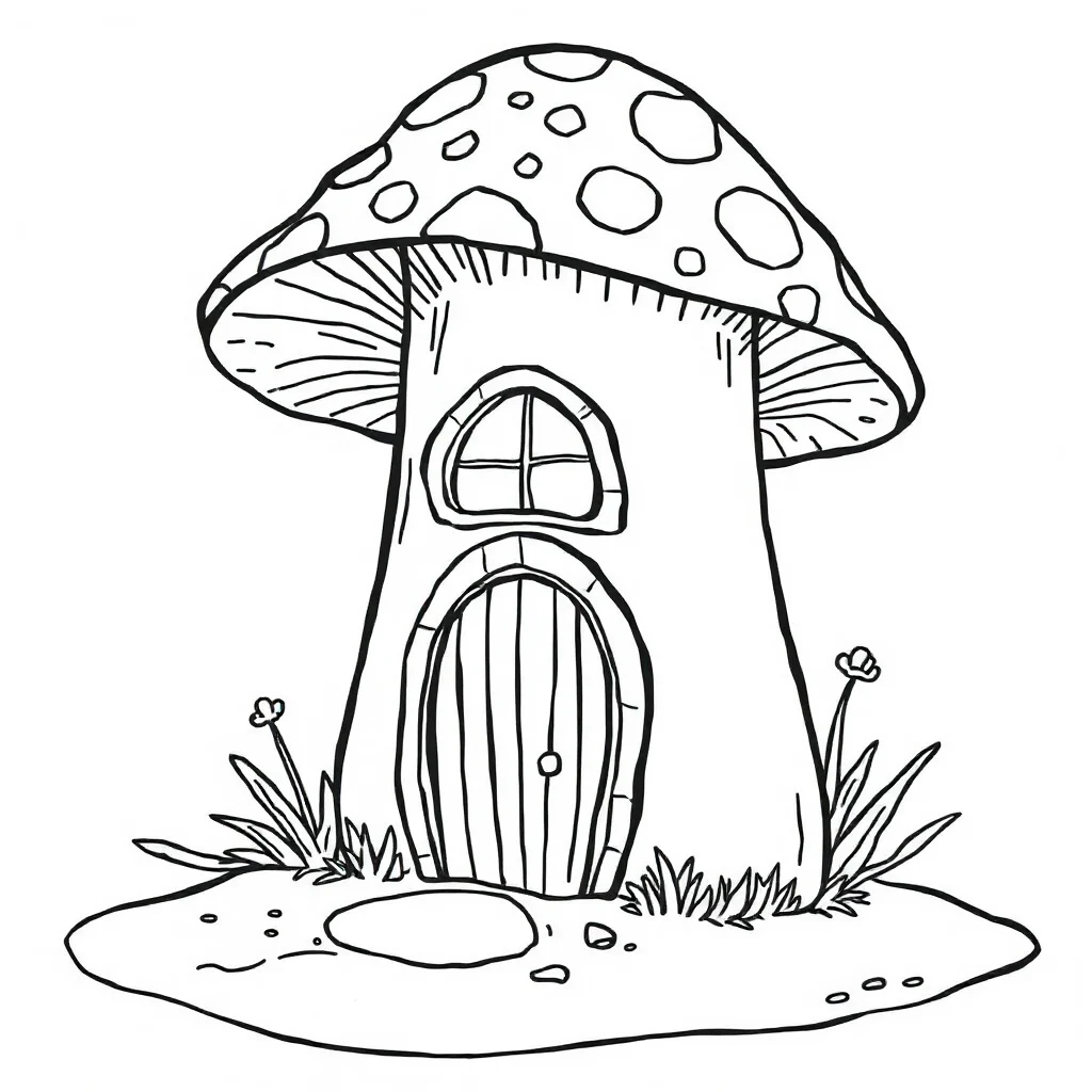 Mushrooms a mushroom house — easy mushrooms coloring page (ages 2–5)