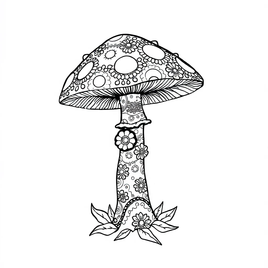 Mushrooms a spotted toadstool dancing — detailed mushrooms coloring page (ages 9+ & adults)