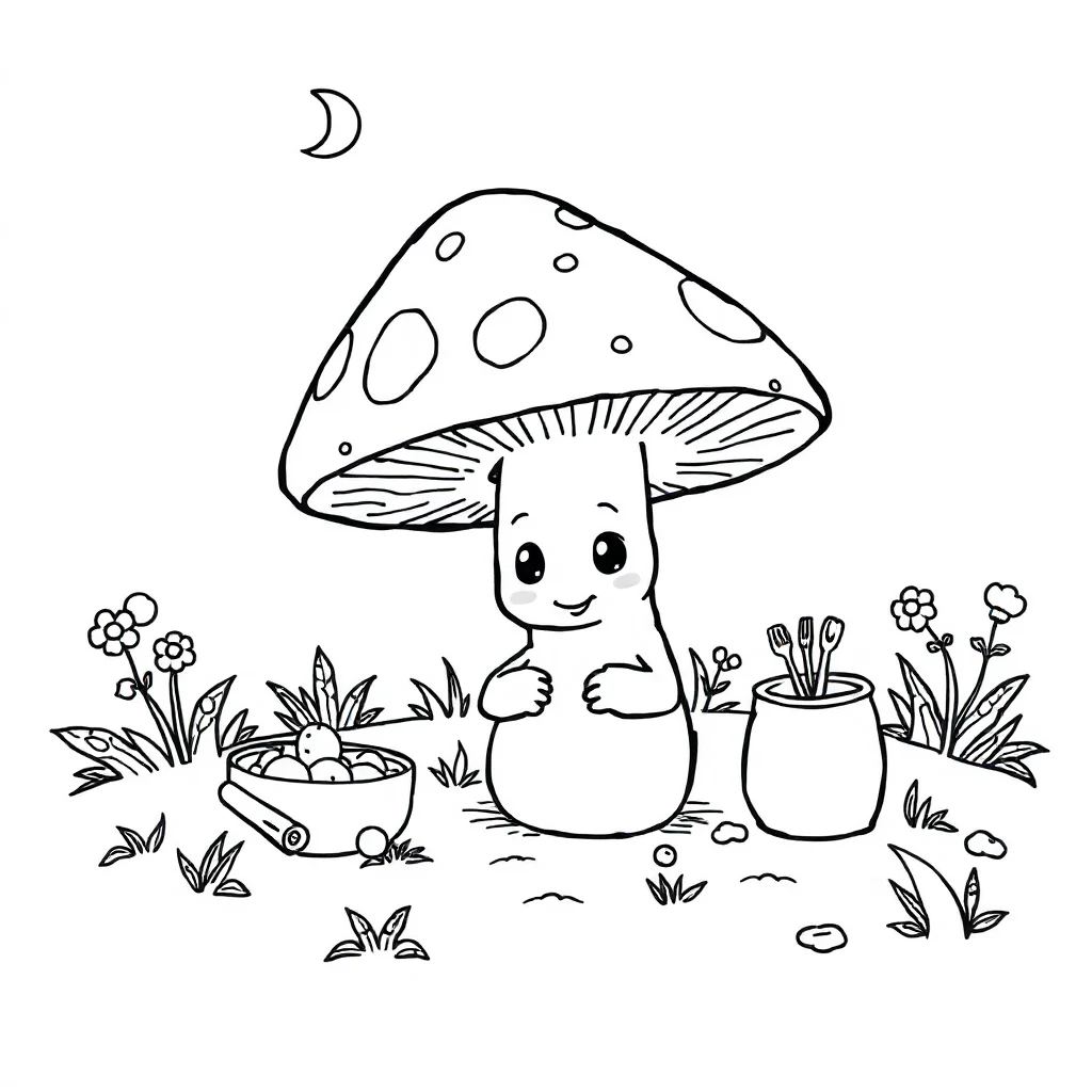 Mushrooms a spotted toadstool having a picnic — classic mushrooms coloring page (ages 5–10)