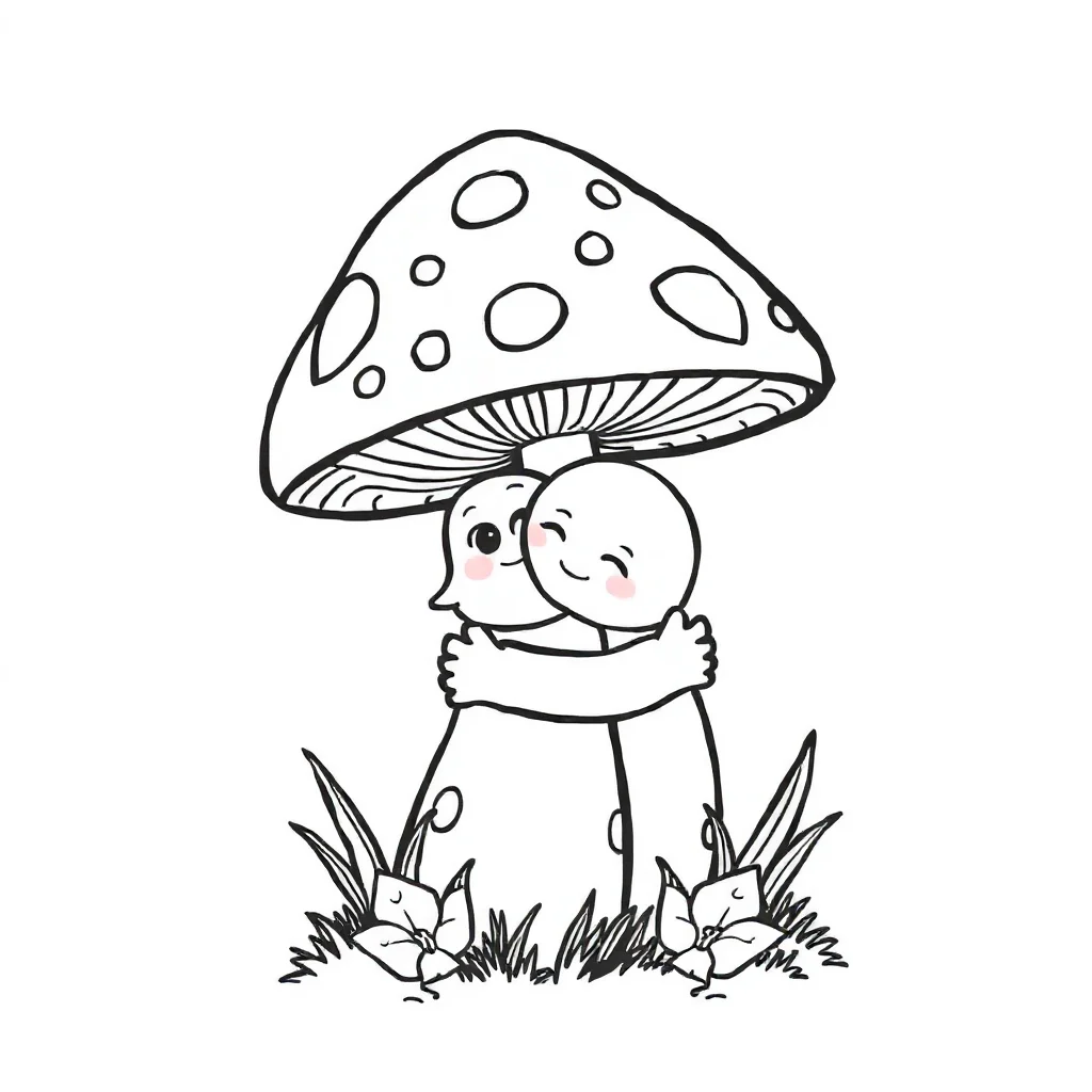 Mushrooms a spotted toadstool hugging a friend — easy mushrooms coloring page (ages 2–5)