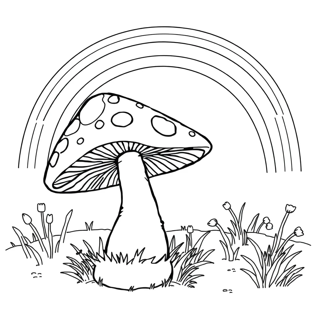 Mushrooms a spotted toadstool under a rainbow — classic mushrooms coloring page (ages 5–10)