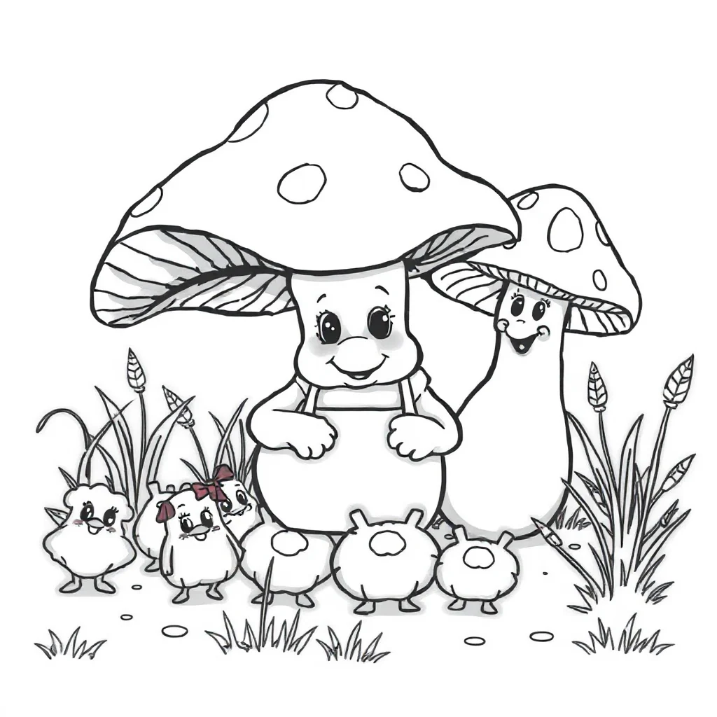 Mushrooms mushrooms with grass baking cookies — classic mushrooms coloring page (ages 5–10)