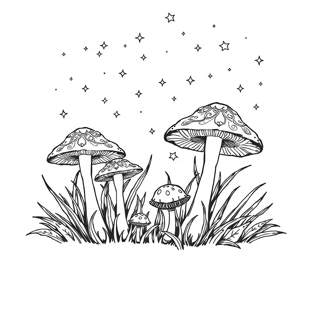 Mushrooms mushrooms with grass under the night sky with stars — detailed mushrooms coloring page (ages 9+ & adults)