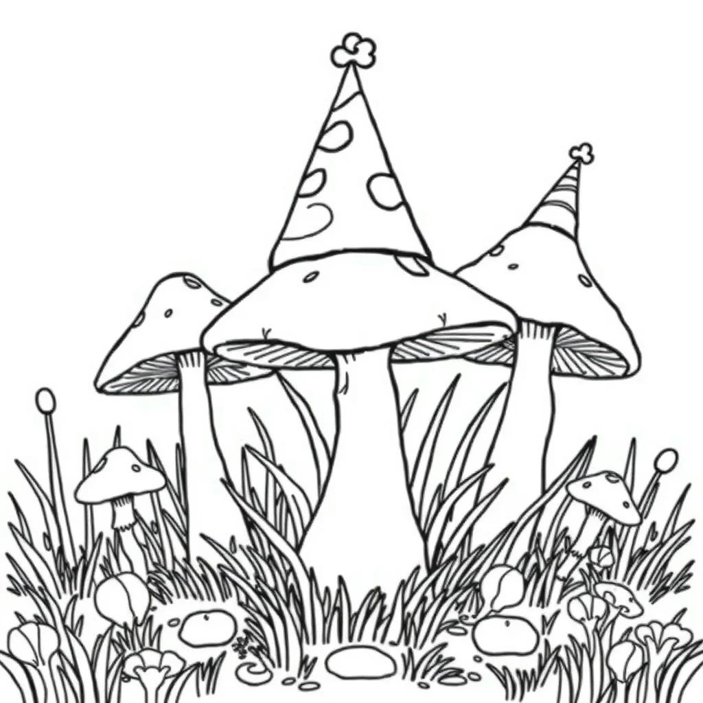 Mushrooms mushrooms with grass wearing a party hat — classic mushrooms coloring page (ages 5–10)