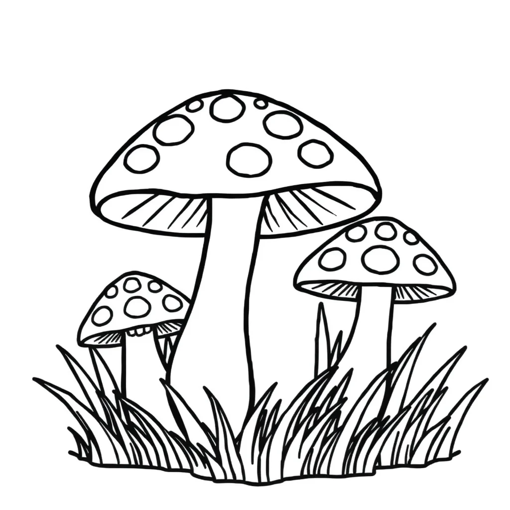 Mushrooms mushrooms with grass — easy mushrooms coloring page (ages 2–5)