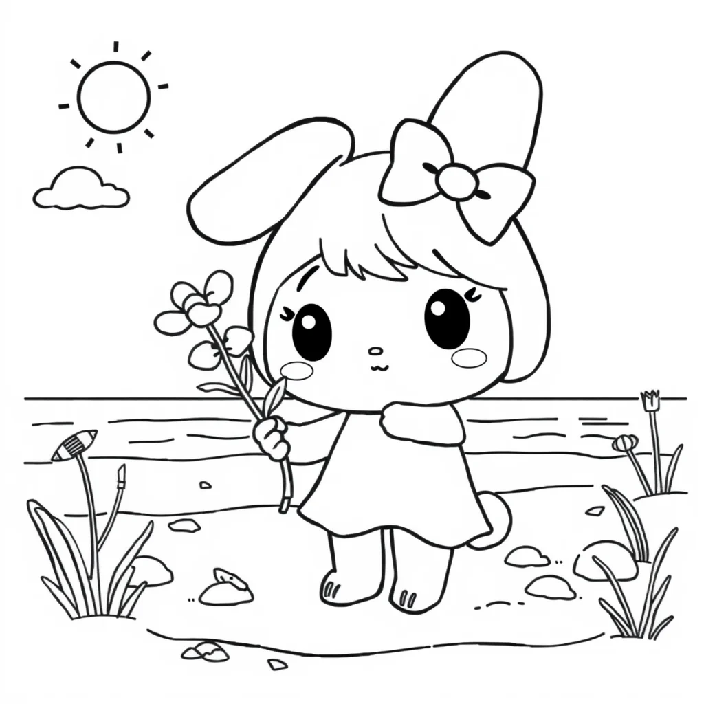 My melody a chibi my melody holding a flower on the beach — classic my melody coloring page (ages 5–10)