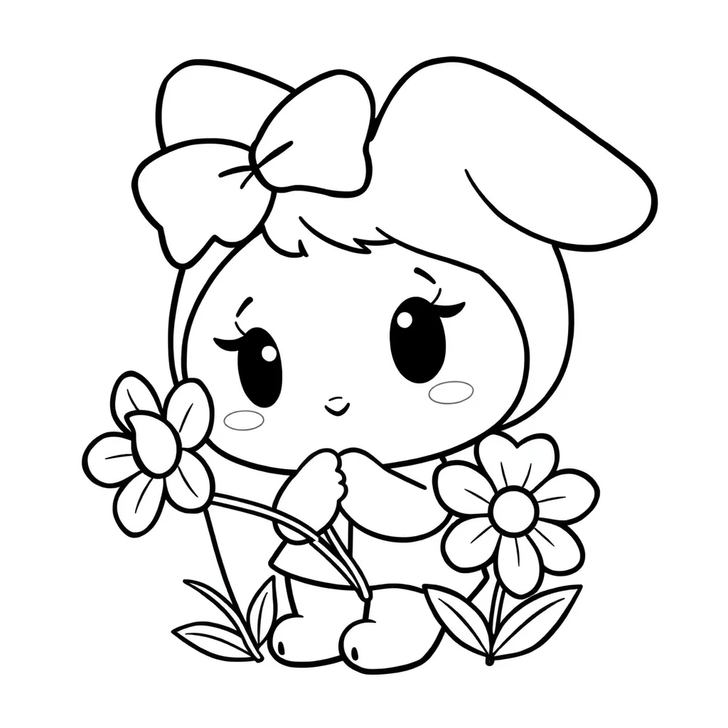 My melody a chibi my melody holding a flower — easy my melody coloring page (ages 2–5)