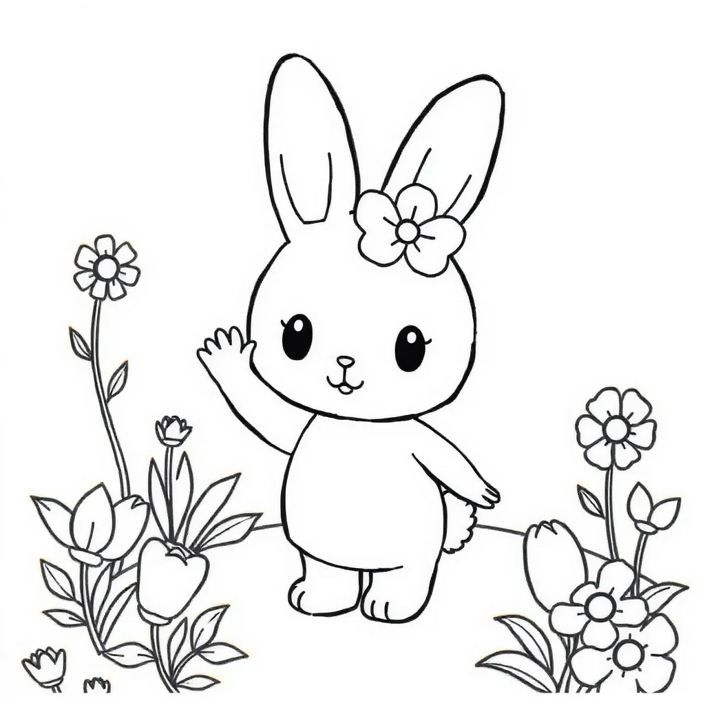 My melody cute my melody sanrio bunny waving in a flower garden — classic my melody coloring page (ages 5–10)