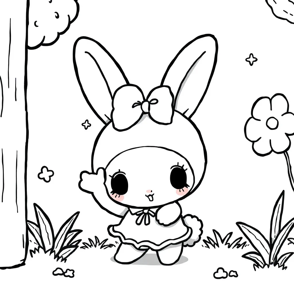 My melody cute my melody sanrio bunny waving peeking from behind somet — classic my melody coloring page (ages 5–10)