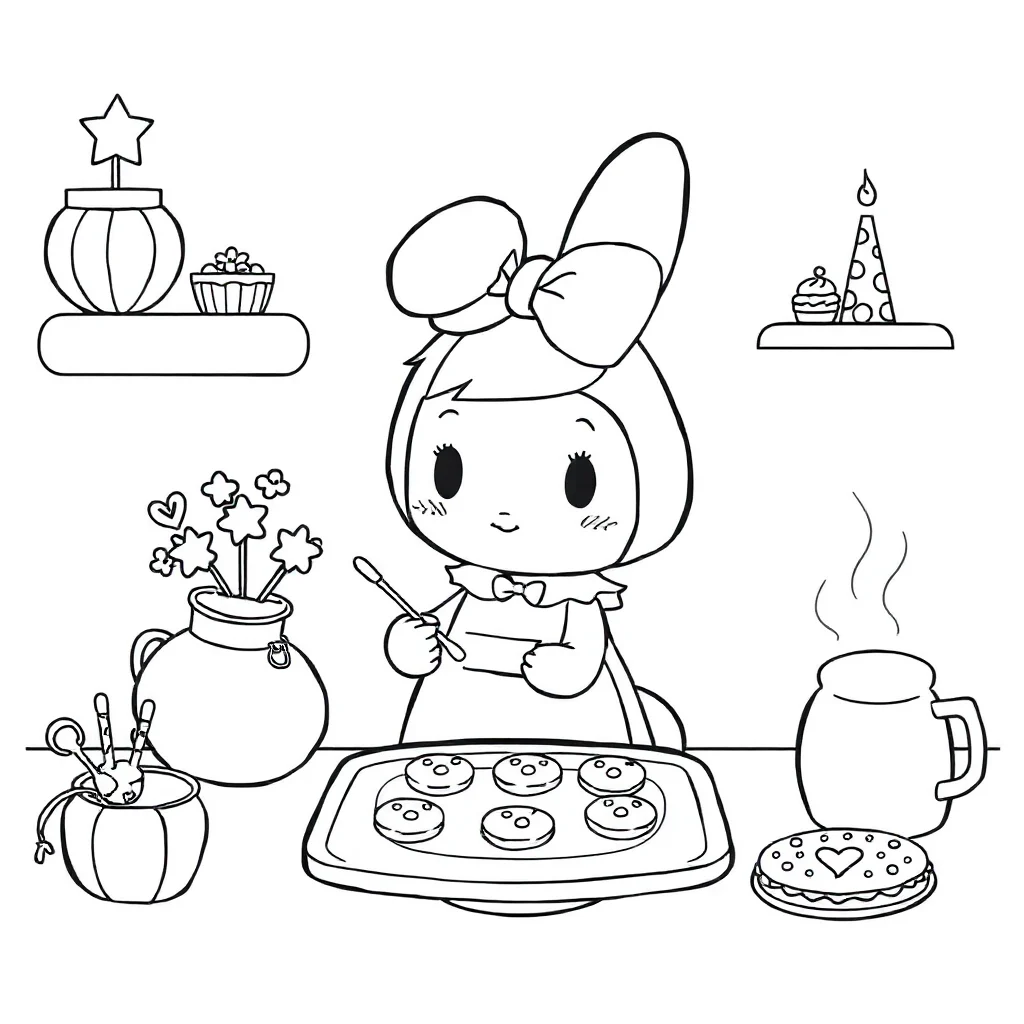 My melody my melody baking cookies celebrating a birthday — classic my melody coloring page (ages 5–10)