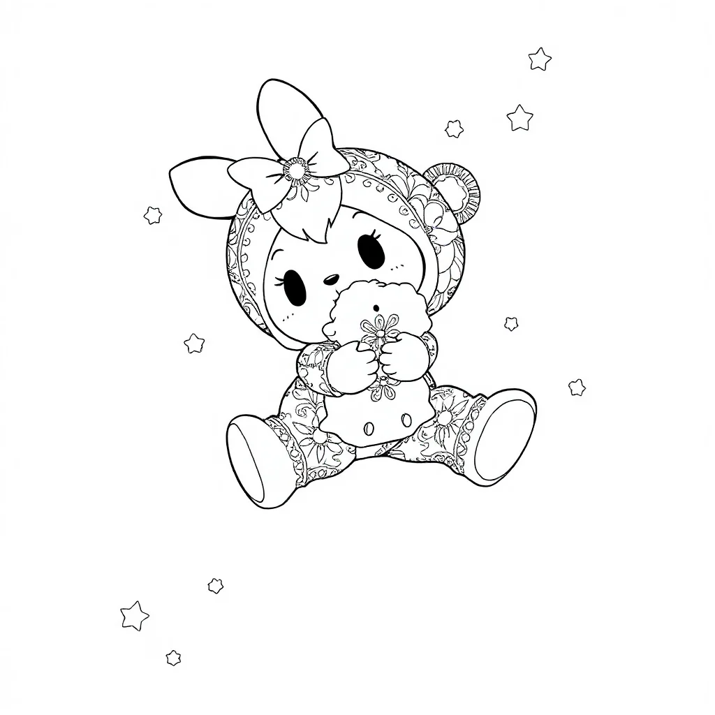 My melody my melody hugging a teddy bear leaping mid air — detailed my melody coloring page (ages 9+ & adults)