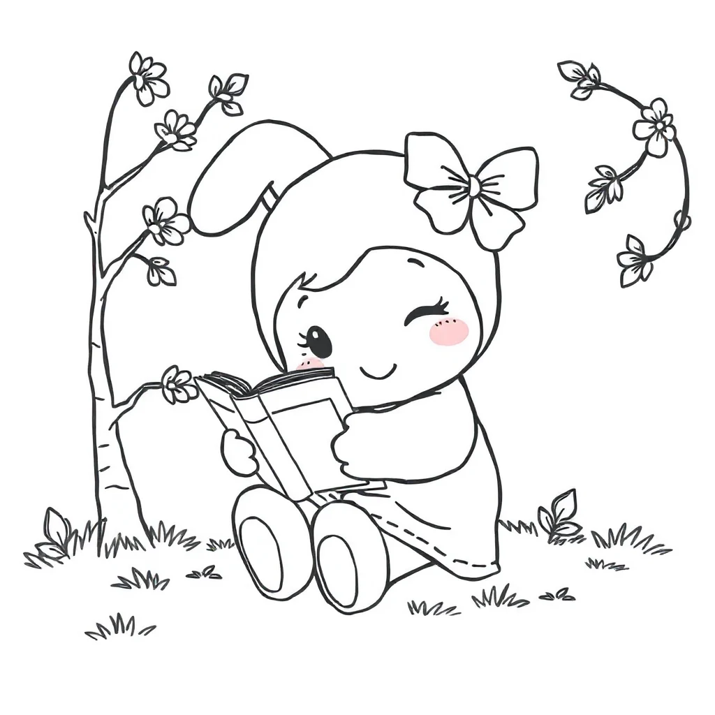 My melody my melody hugging a teddy bear reading a book — classic my melody coloring page (ages 5–10)