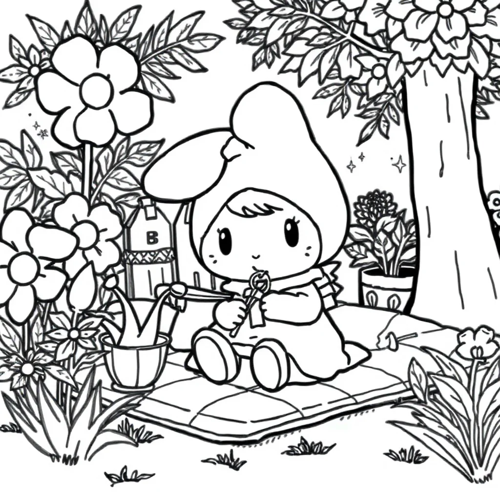 My melody my melody sitting in a garden having a picnic — classic my melody coloring page (ages 5–10)