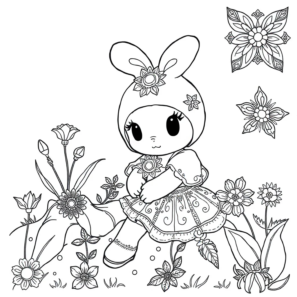 My melody my melody sitting in a garden sitting — detailed my melody coloring page (ages 9+ & adults)
