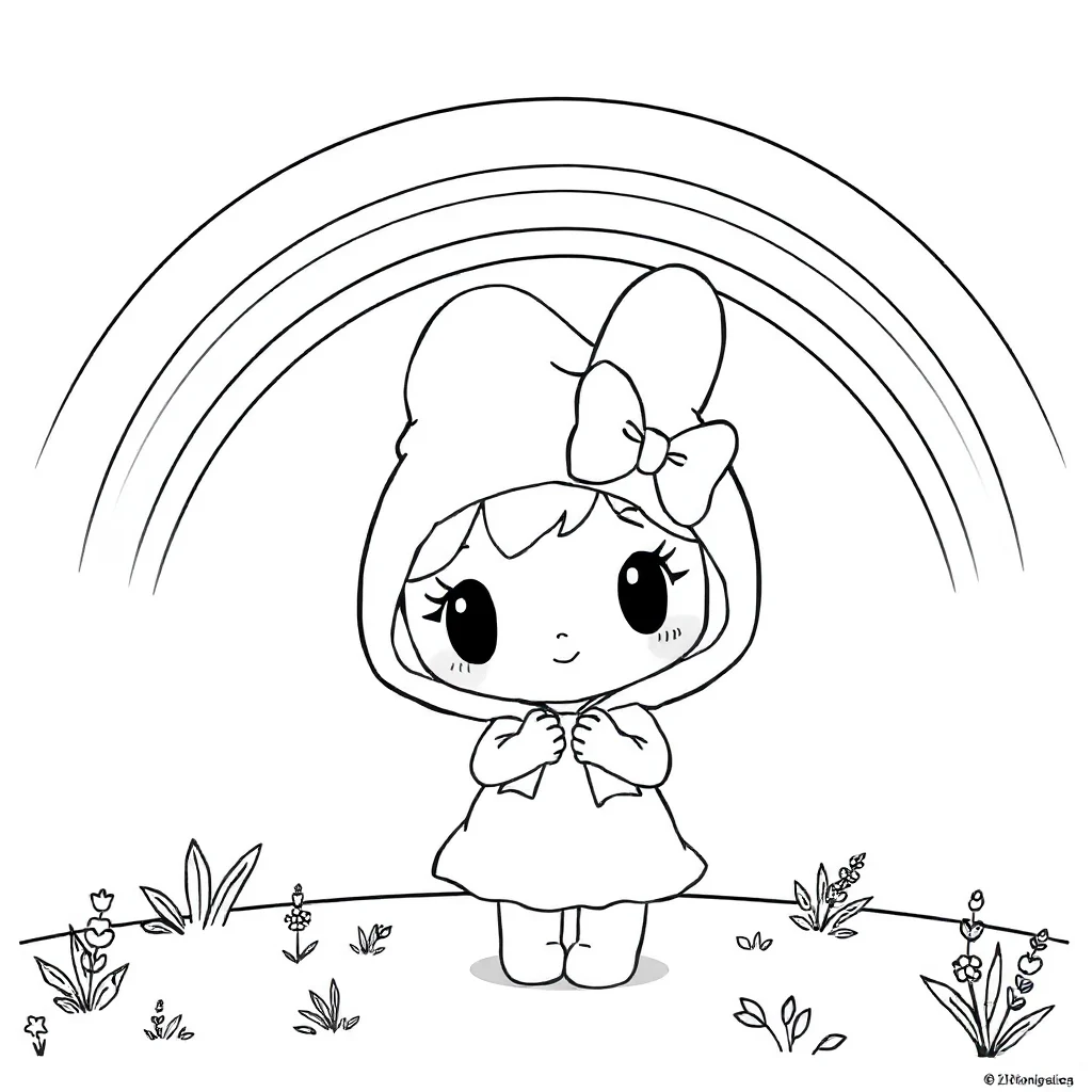 My melody my melody wearing her hood with a bow under a rainbow — classic my melody coloring page (ages 5–10)