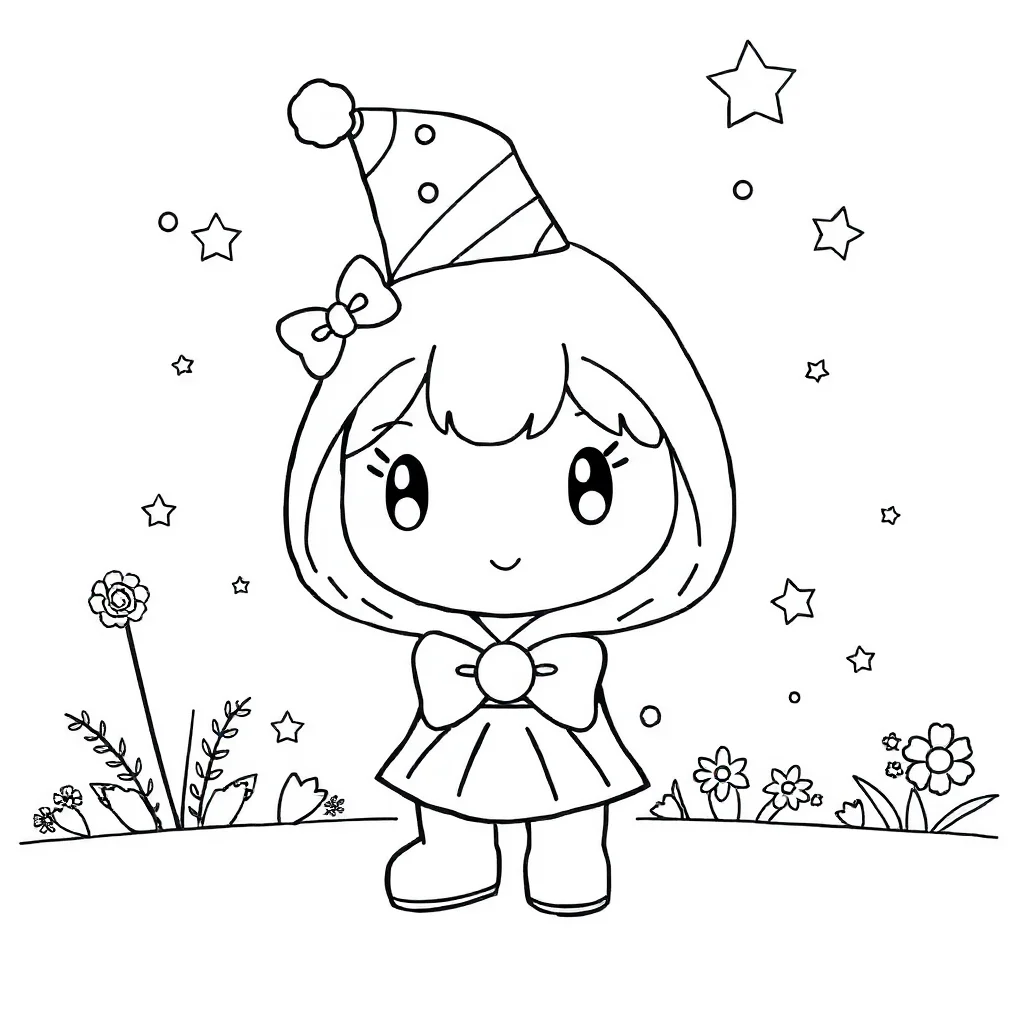My melody my melody wearing her hood with a bow wearing a party hat — classic my melody coloring page (ages 5–10)