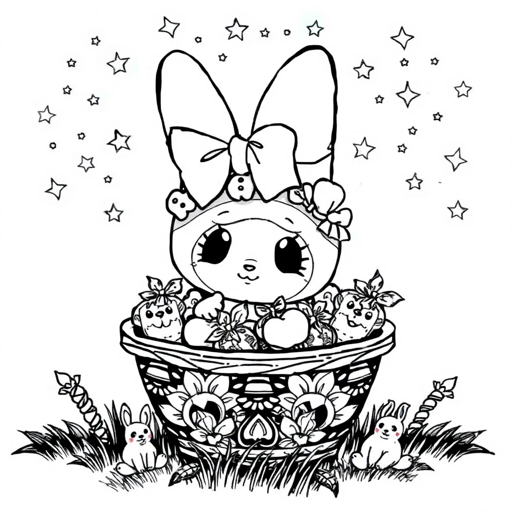 My melody my melody with a basket of treats under the night sky with s — detailed my melody coloring page (ages 9+ & adults)