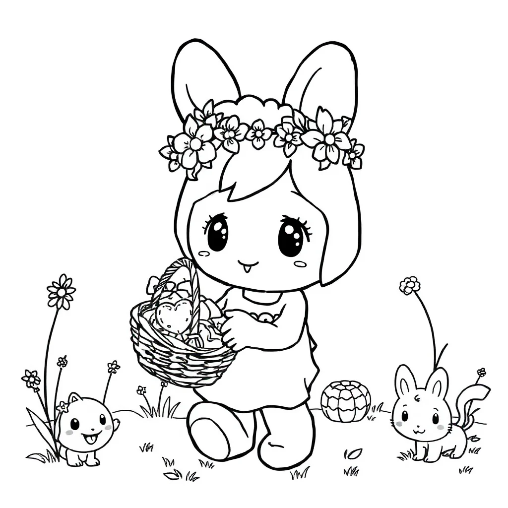 My melody my melody with a basket of treats wearing a flower crown — classic my melody coloring page (ages 5–10)