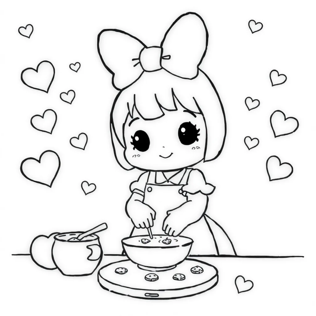 My melody my melody with hearts around her baking cookies — classic my melody coloring page (ages 5–10)