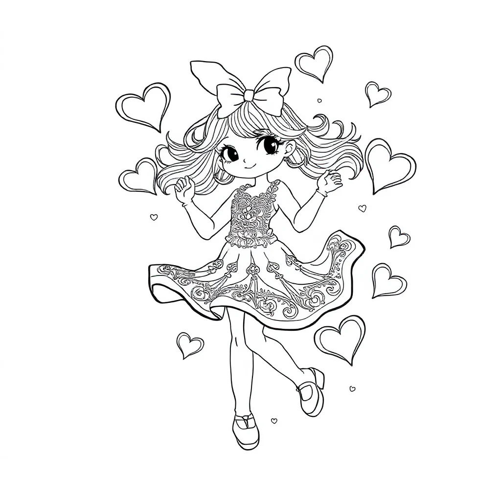 My melody my melody with hearts around her dancing — detailed my melody coloring page (ages 9+ & adults)