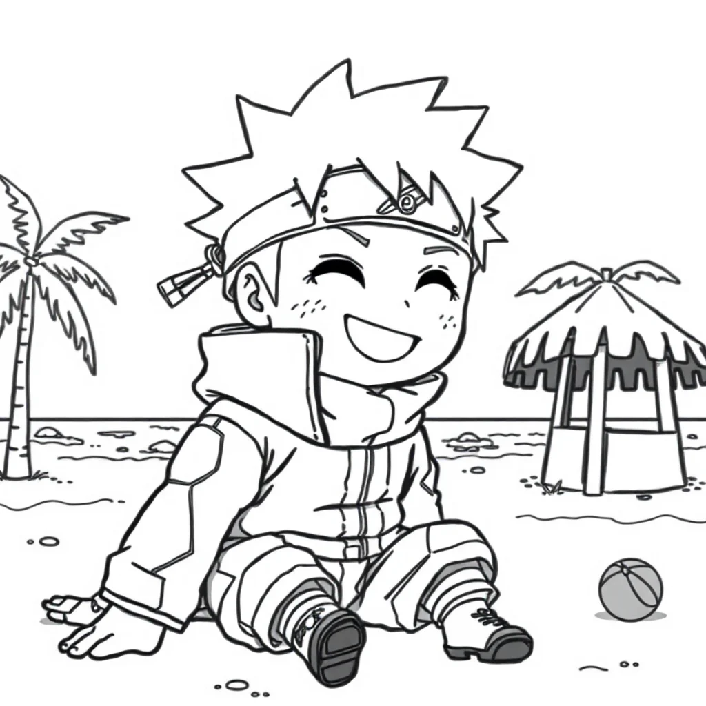 Naruto a chibi naruto smiling on the beach — classic naruto coloring page (ages 5–10)