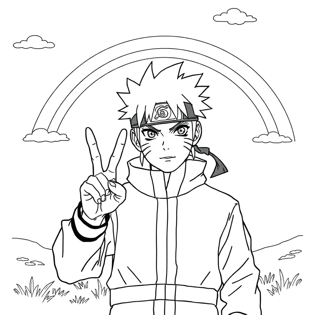 Naruto naruto doing a hand sign under a rainbow — classic naruto coloring page (ages 5–10)