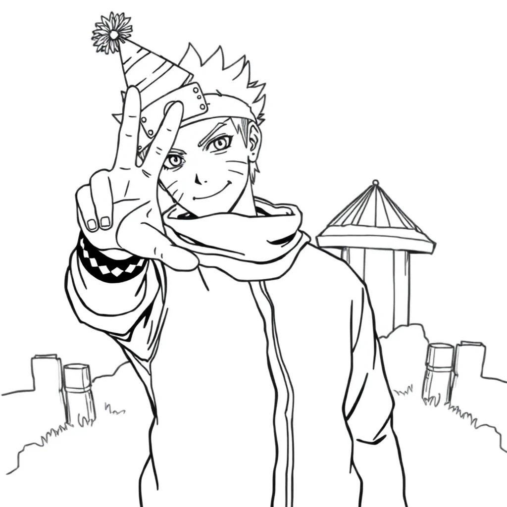 Naruto naruto doing a hand sign wearing a party hat — classic naruto coloring page (ages 5–10)