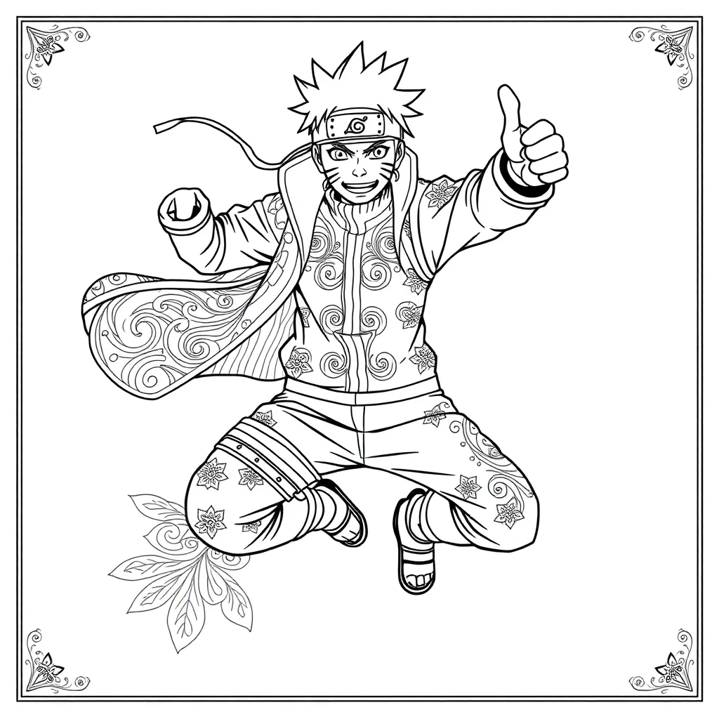 Naruto naruto giving a thumbs up leaping mid air — detailed naruto coloring page (ages 9+ & adults)