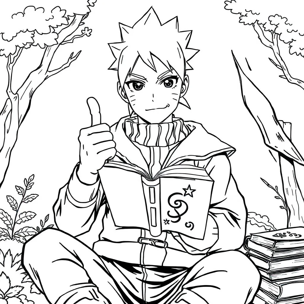 Naruto naruto giving a thumbs up reading a book — classic naruto coloring page (ages 5–10)
