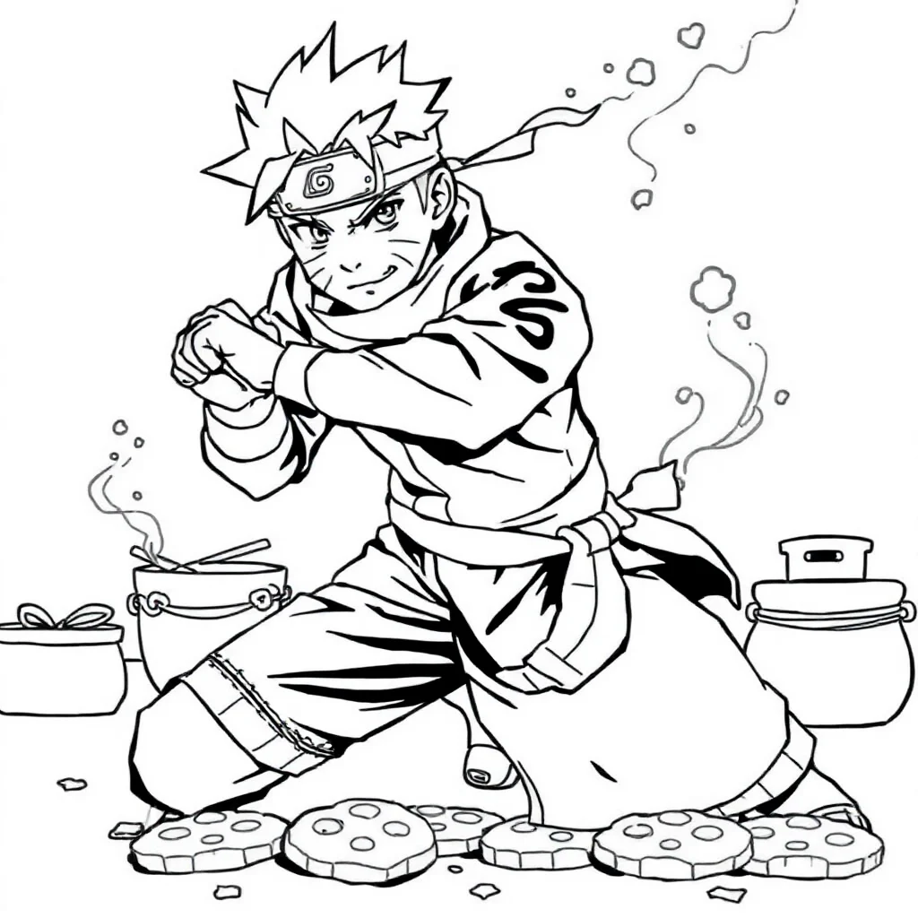 Naruto naruto in a fighting stance baking cookies — classic naruto coloring page (ages 5–10)