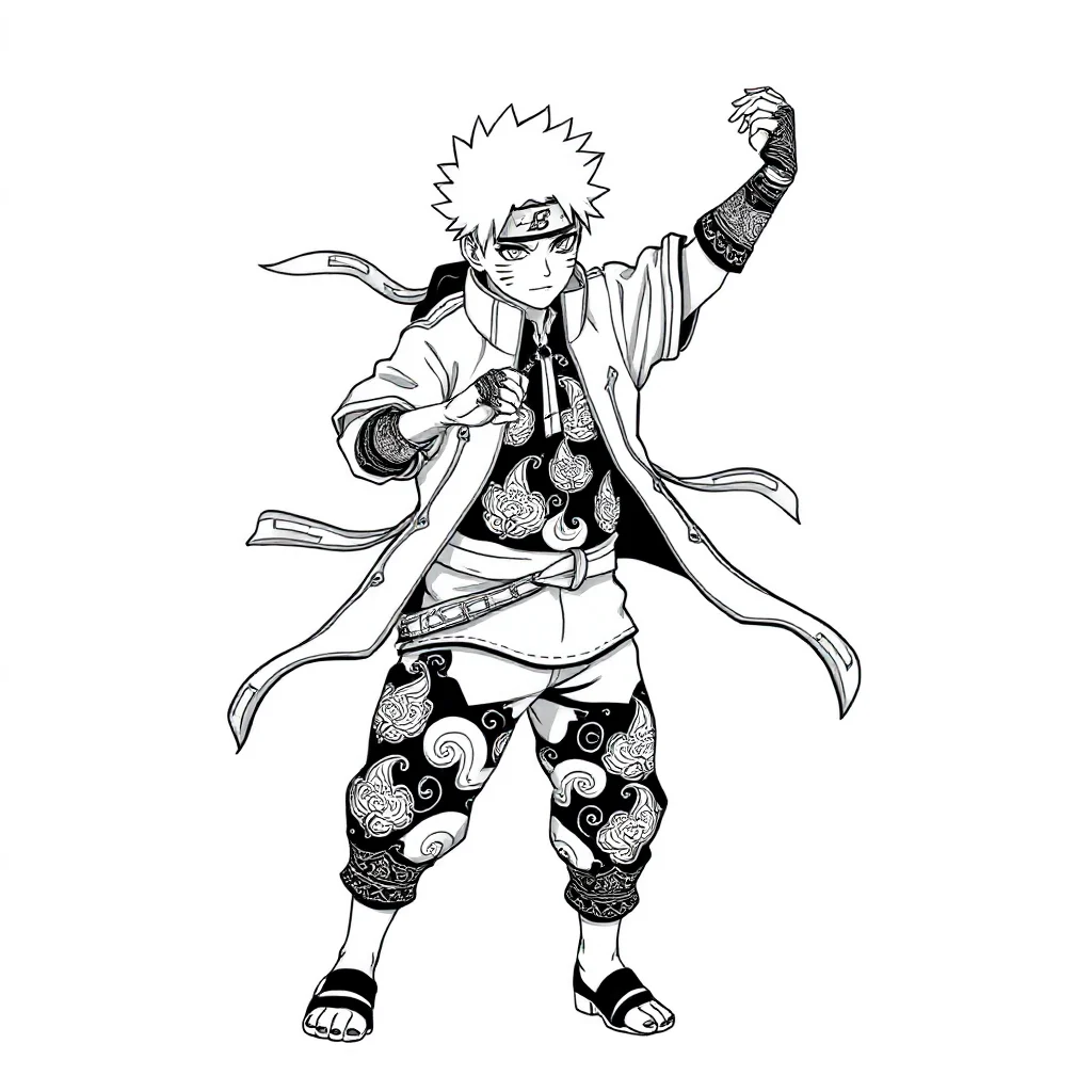 Naruto naruto in a fighting stance dancing — detailed naruto coloring page (ages 9+ & adults)