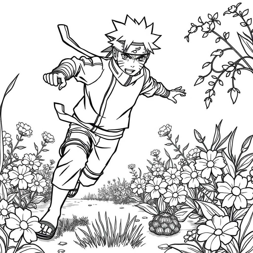 Naruto naruto in a ninja running pose in a flower garden — classic naruto coloring page (ages 5–10)
