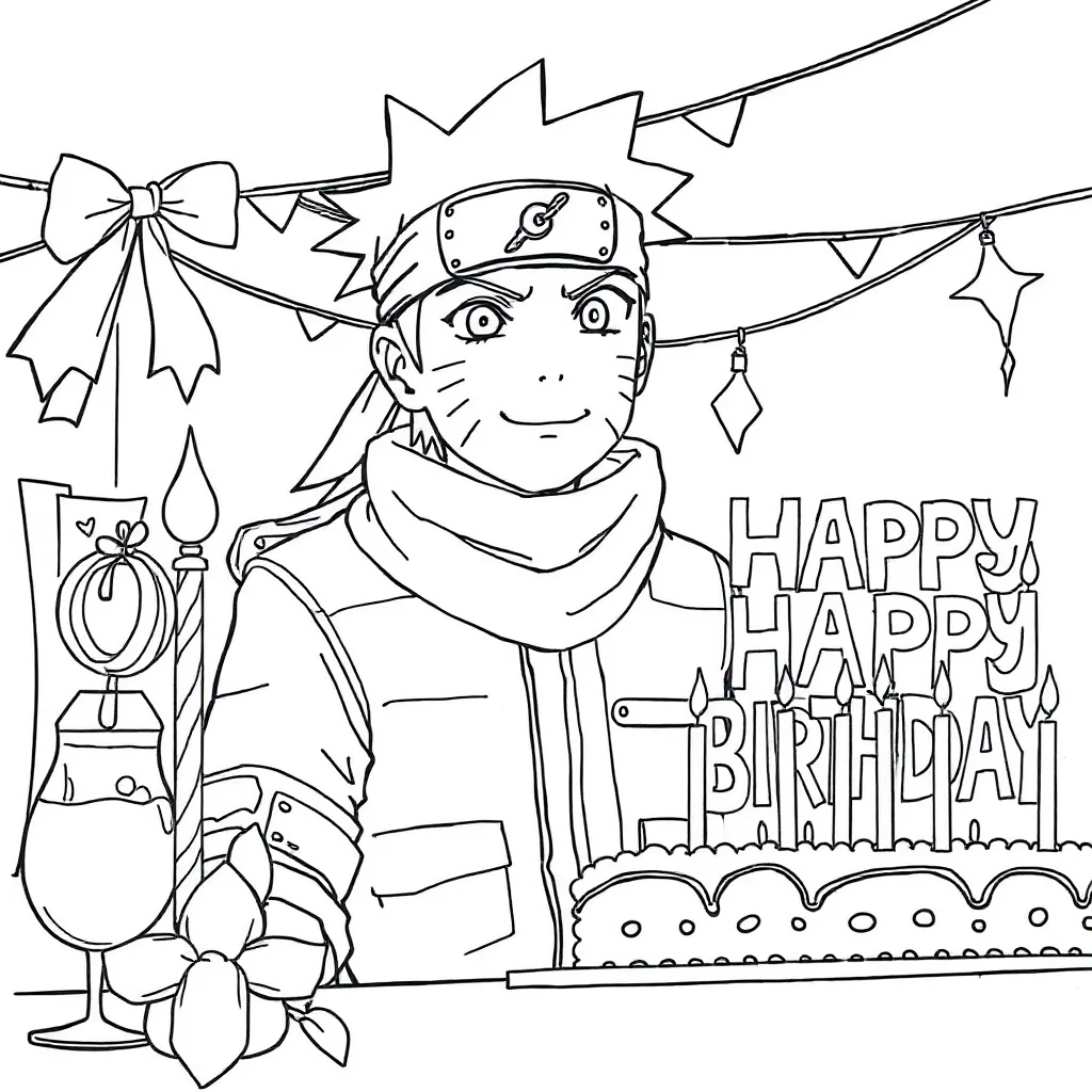 Naruto naruto with a headband celebrating a birthday — classic naruto coloring page (ages 5–10)