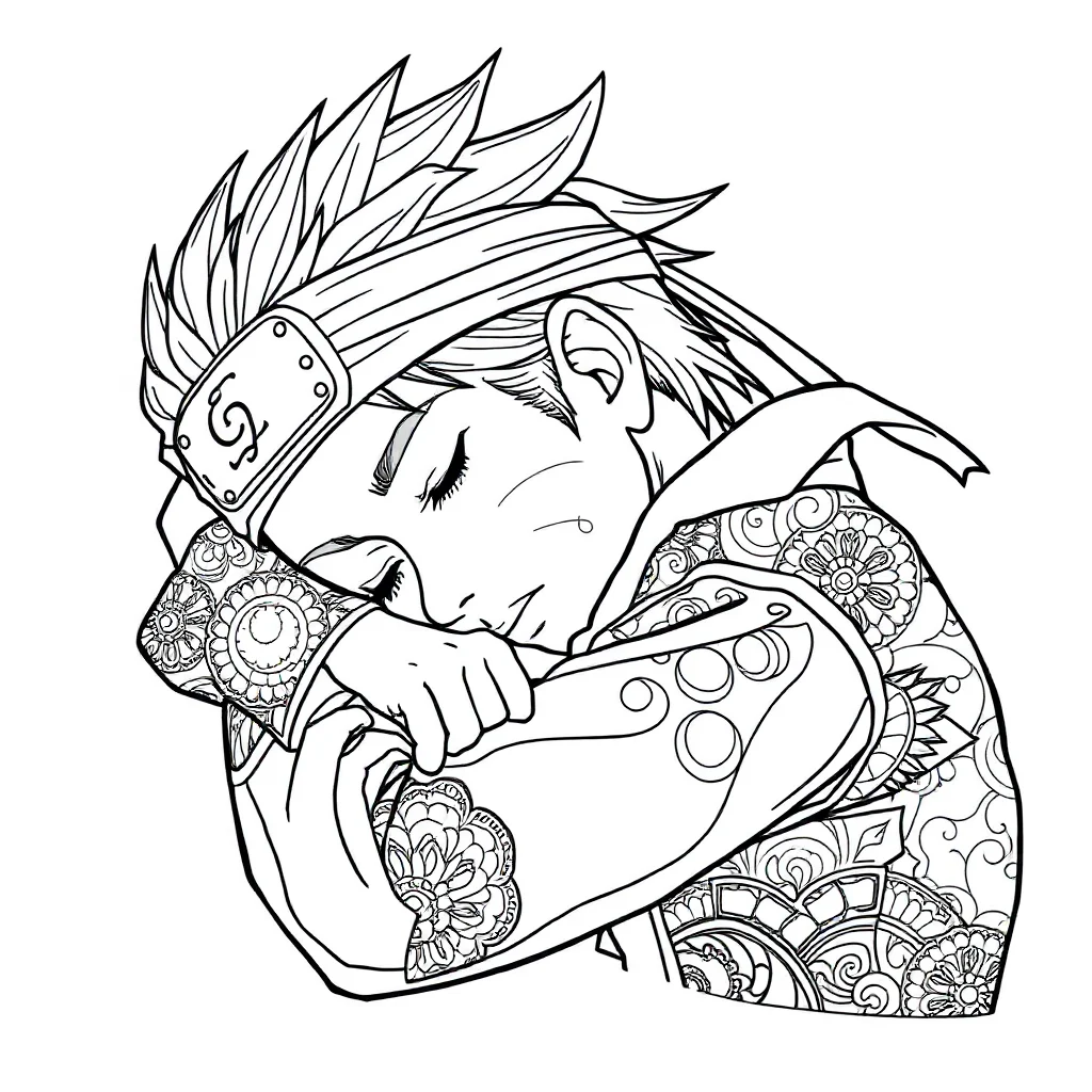 Naruto naruto with a headband sleeping curled up — detailed naruto coloring page (ages 9+ & adults)