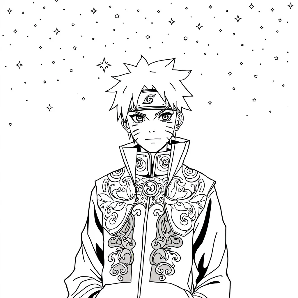 Naruto naruto with a kunai under the night sky with stars — detailed naruto coloring page (ages 9+ & adults)