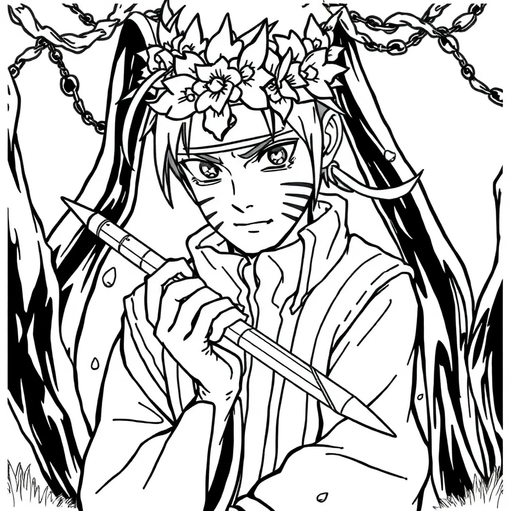 Naruto naruto with a kunai wearing a flower crown — classic naruto coloring page (ages 5–10)
