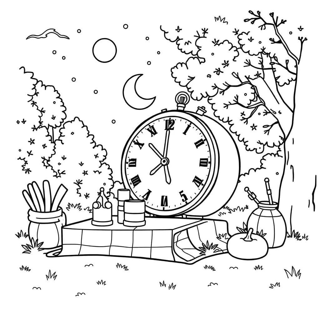 New year a clock at midnight having a picnic — classic new year coloring page (ages 5–10)