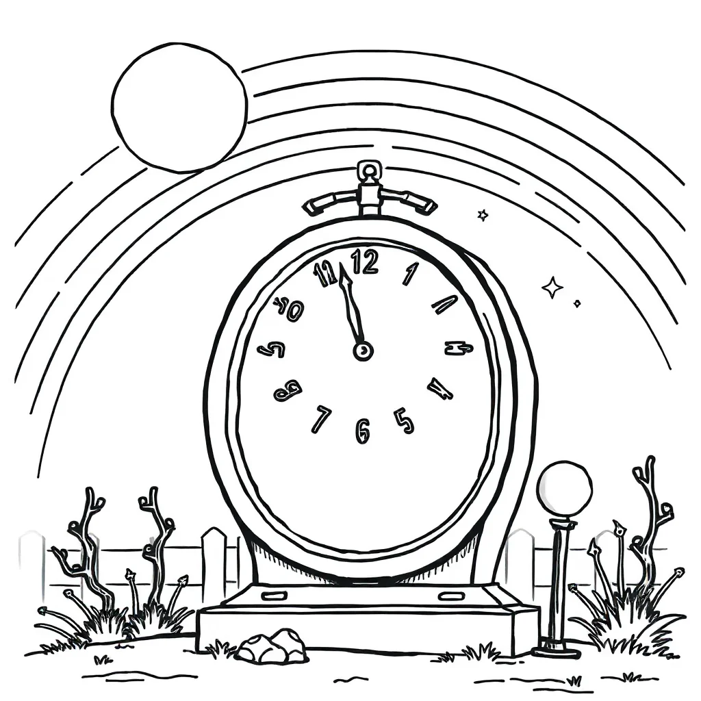 New year a clock at midnight under a rainbow — classic new year coloring page (ages 5–10)