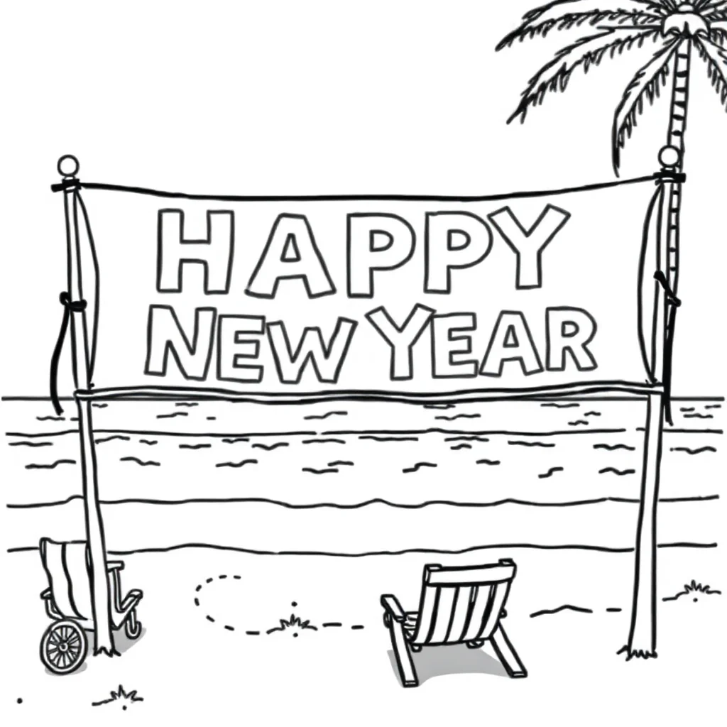 New year a happy new year banner on the beach — classic new year coloring page (ages 5–10)