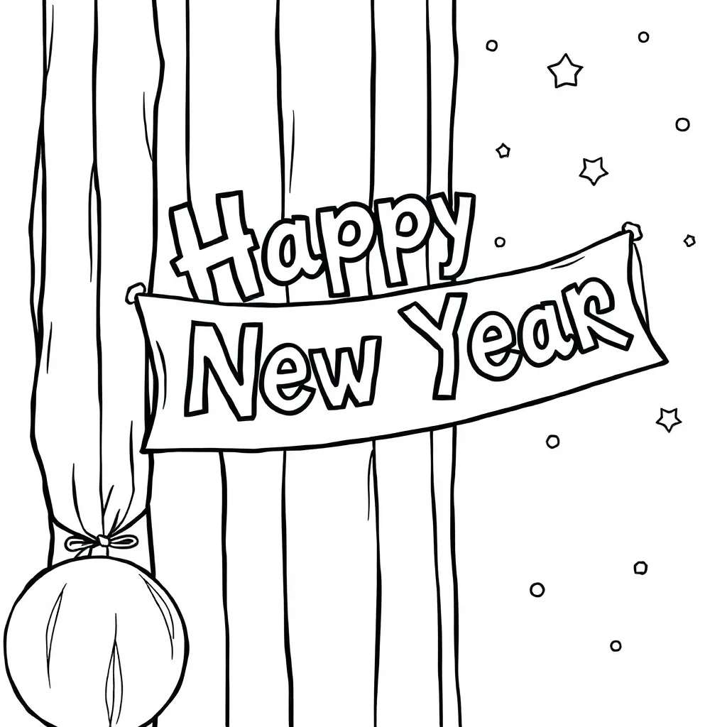 New year a happy new year banner peeking from behind something — classic new year coloring page (ages 5–10)