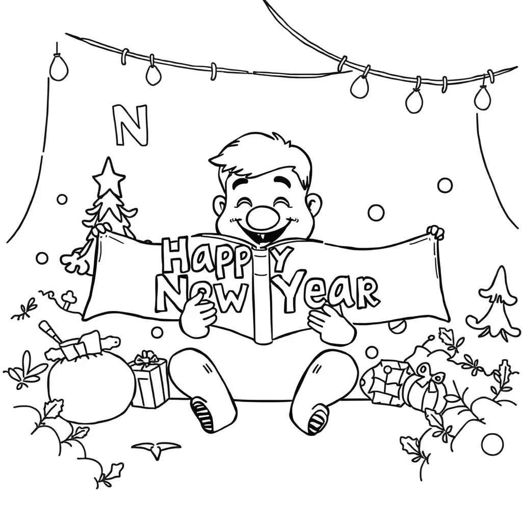 New year a happy new year banner reading a book — classic new year coloring page (ages 5–10)