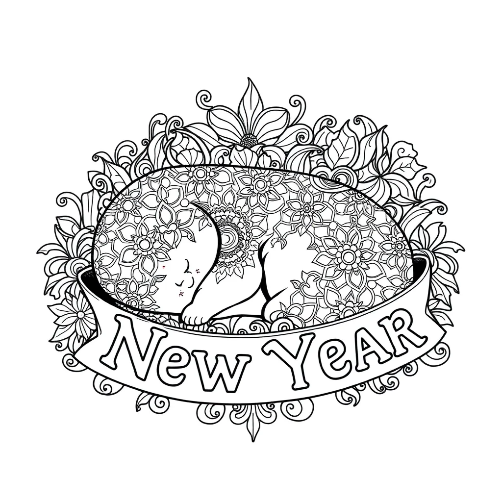 New year a happy new year banner sleeping curled up — detailed new year coloring page (ages 9+ & adults)