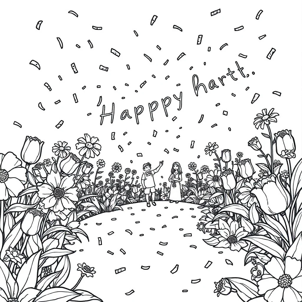 New year a party with confetti in a flower garden — classic new year coloring page (ages 5–10)